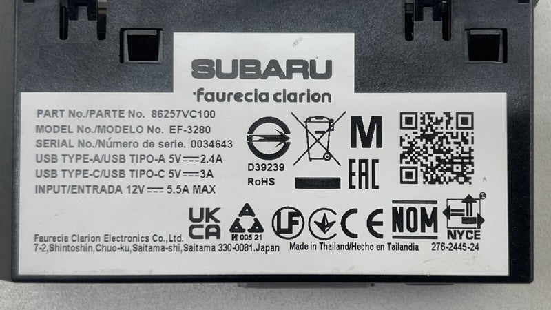 86257VC100 / 86257 VC100 24-25 SUBARU WRX AUXILIARY AUX USB JACK INPUT PORT 86257VC100 OEM