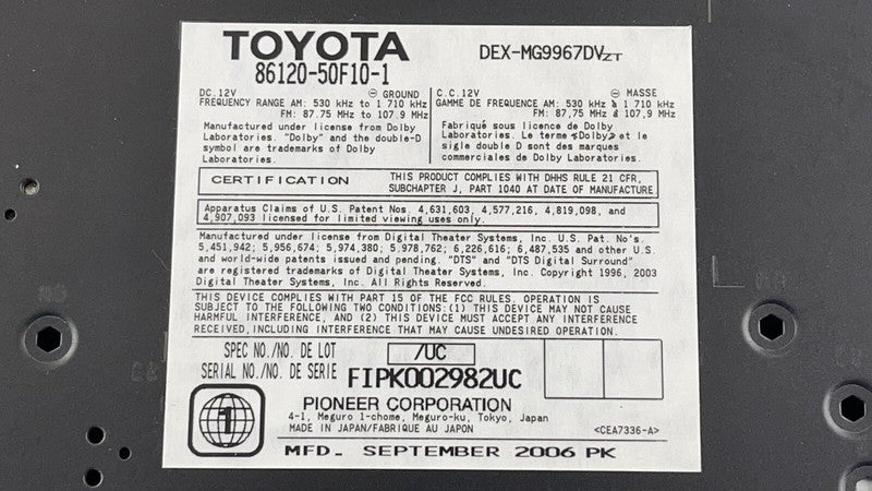 86120-50F10 / 86120 50F10 / 8612050F10 07-09 Lexus LS460 Mark Levinson Radio Head Unit CD Changer Player OEM