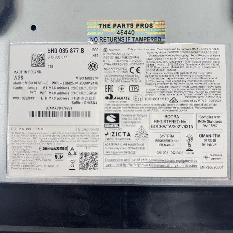 5H0-035-877-B / 5H0.035.877.B / 5H0035877B / 5H0 035 877 B 22-25 VOLKSWAGEN GOLF R MK8 NAVIGATION MODULE RADIO CONTROL U