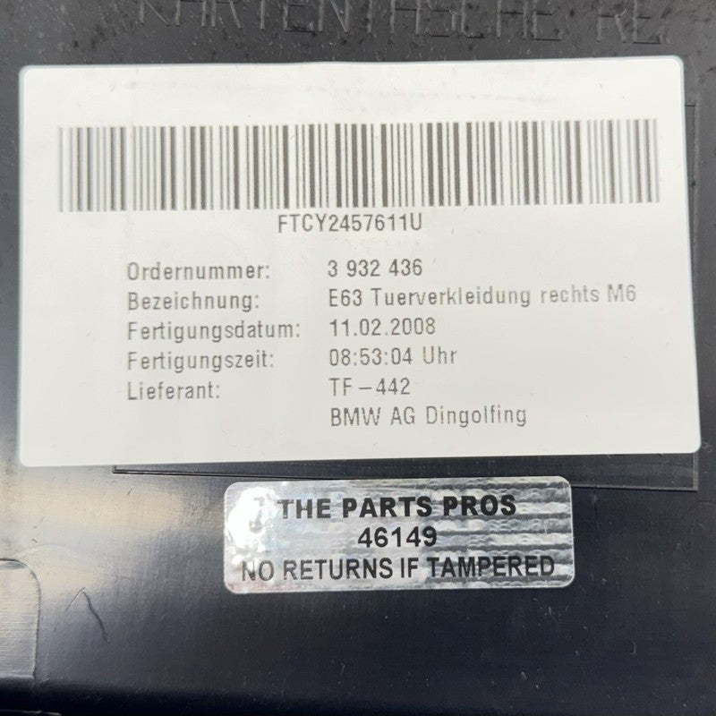 3932436 06-10 BMW M6 E63 E64 PASSENGER RIGHT DOOR PANEL INTERIOR COVER TRIM LEATHER OEM