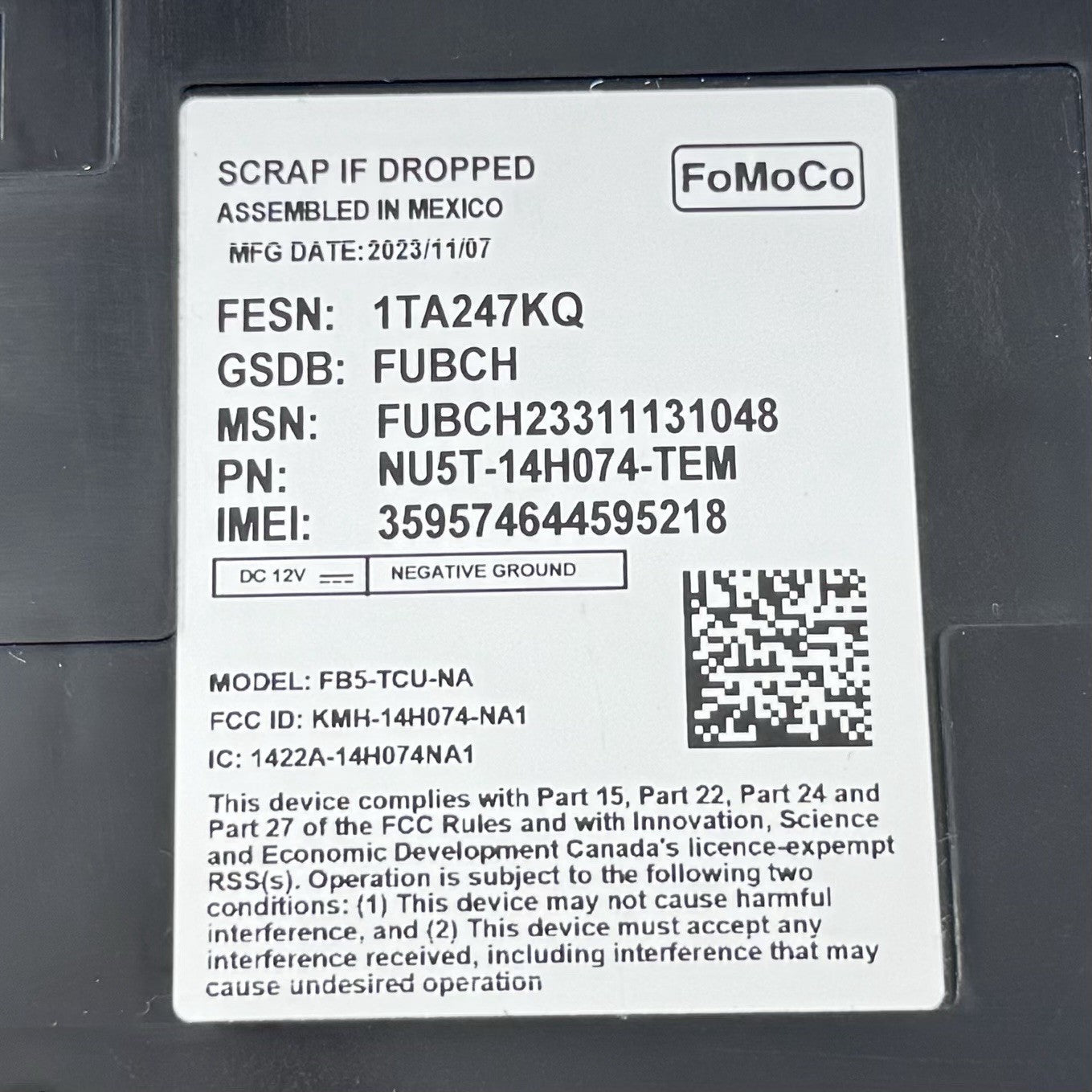 24-25 Ford Mustang GT Telematic Communication Control Module NU5T-14H074-TEM OEM