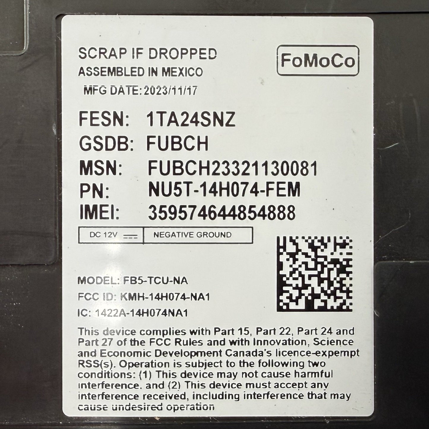 24-25 Ford Mustang Telematics Communication Control Module NU5T-14H074-FEM OEM