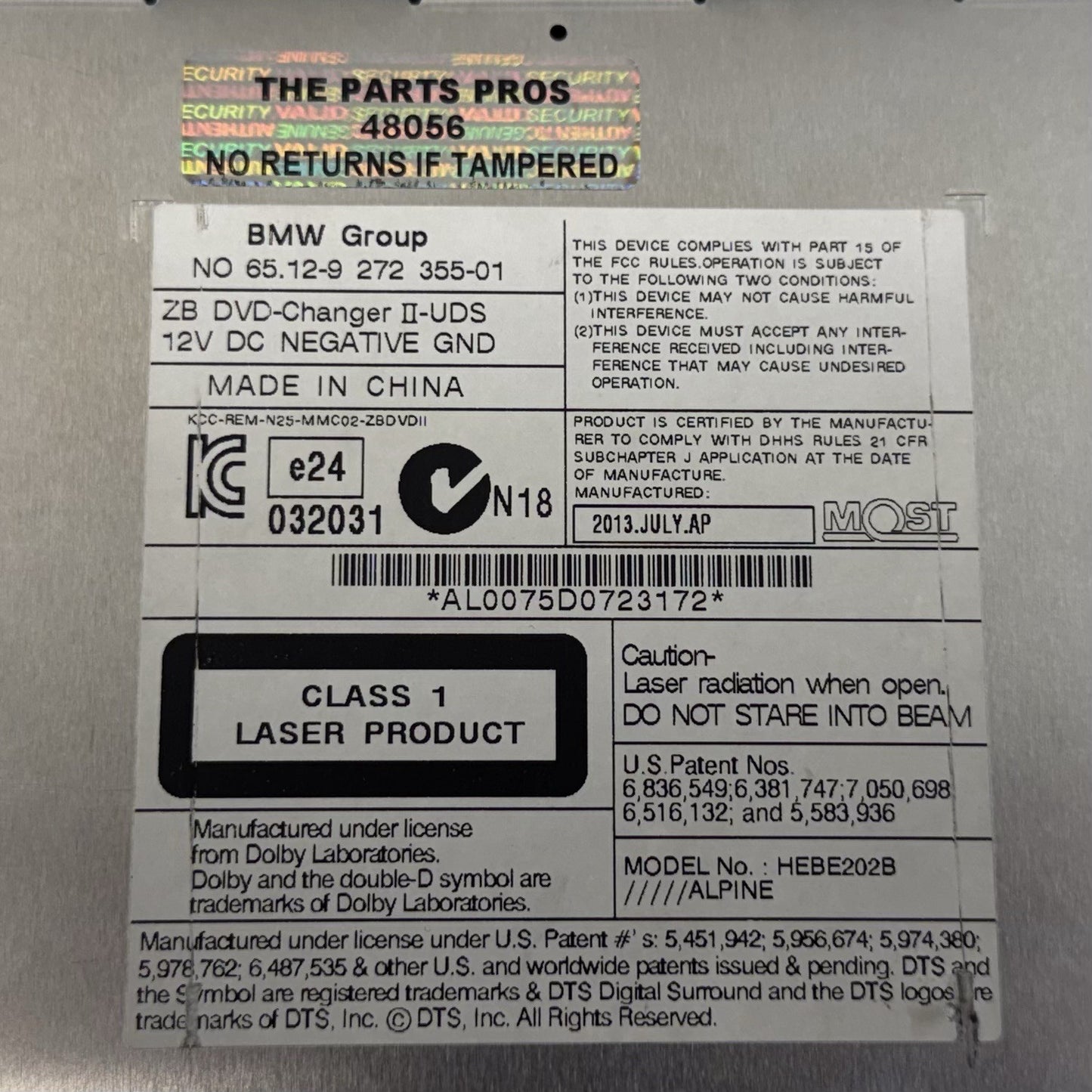 11-16 BMW M5 528 535 550 F10 CD DVD Changer Player 9272355 OEM