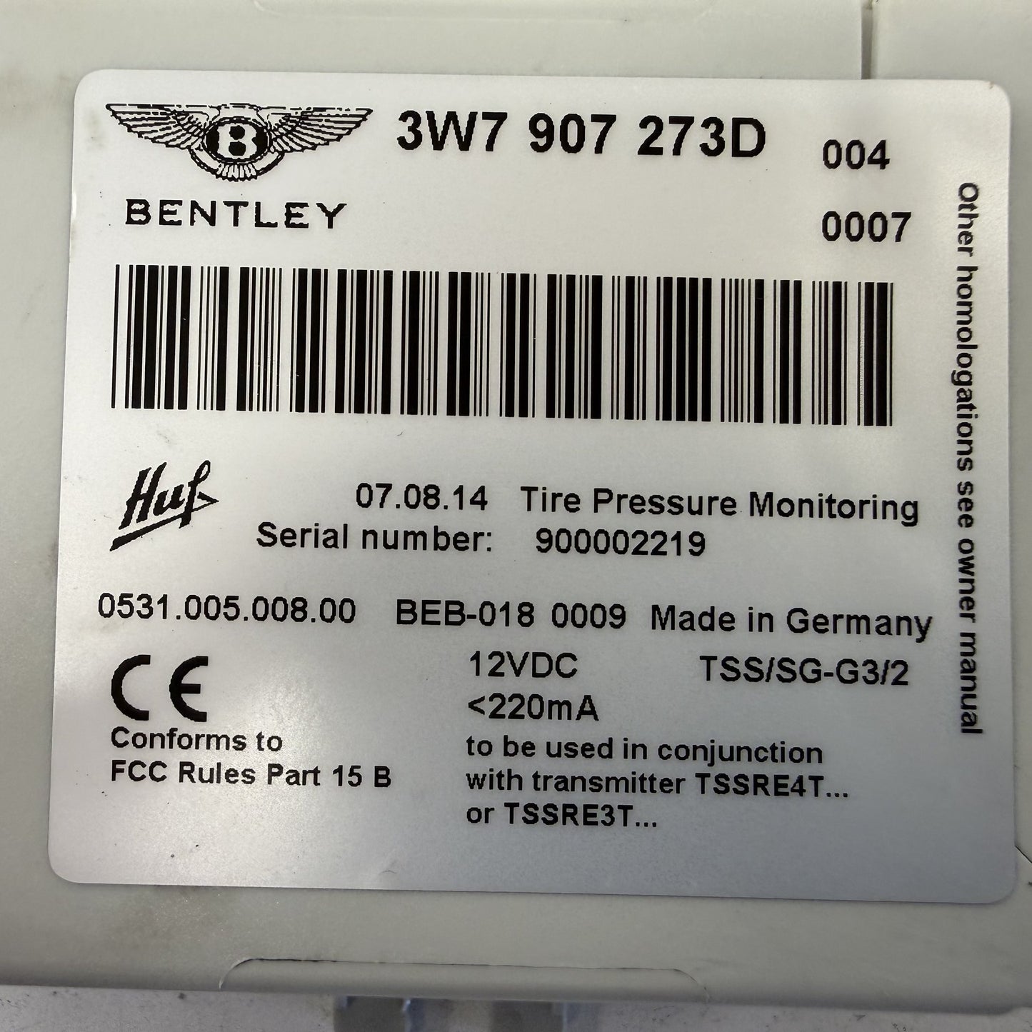 14-18 Bentley Flying Spur TPMS Tire Pressure Monitoring Module 3W7907273D OEM